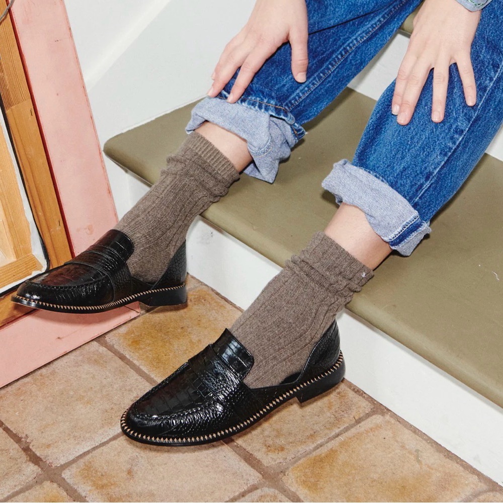Freda Salvador Tash D’Orsay penny loafer in black embossed croc